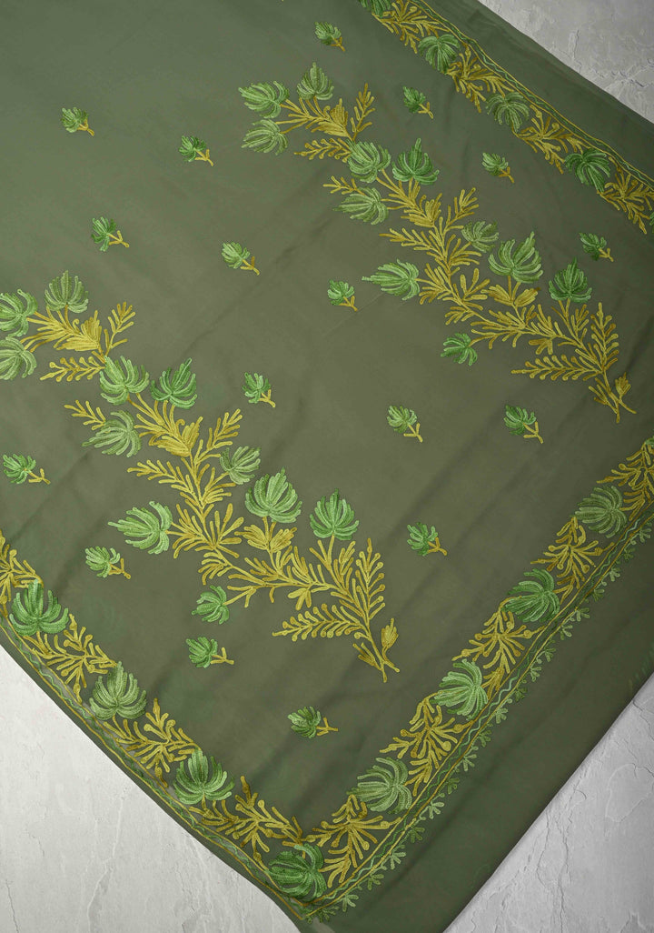 Cactus Green Kashmiri Aari Georgette Saree with Floral Embroidery