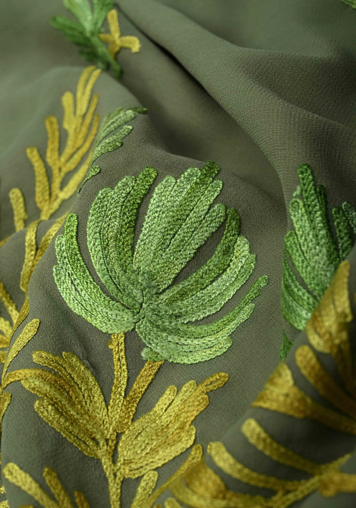 Cactus Green Kashmiri Aari Georgette Saree with Floral Embroidery