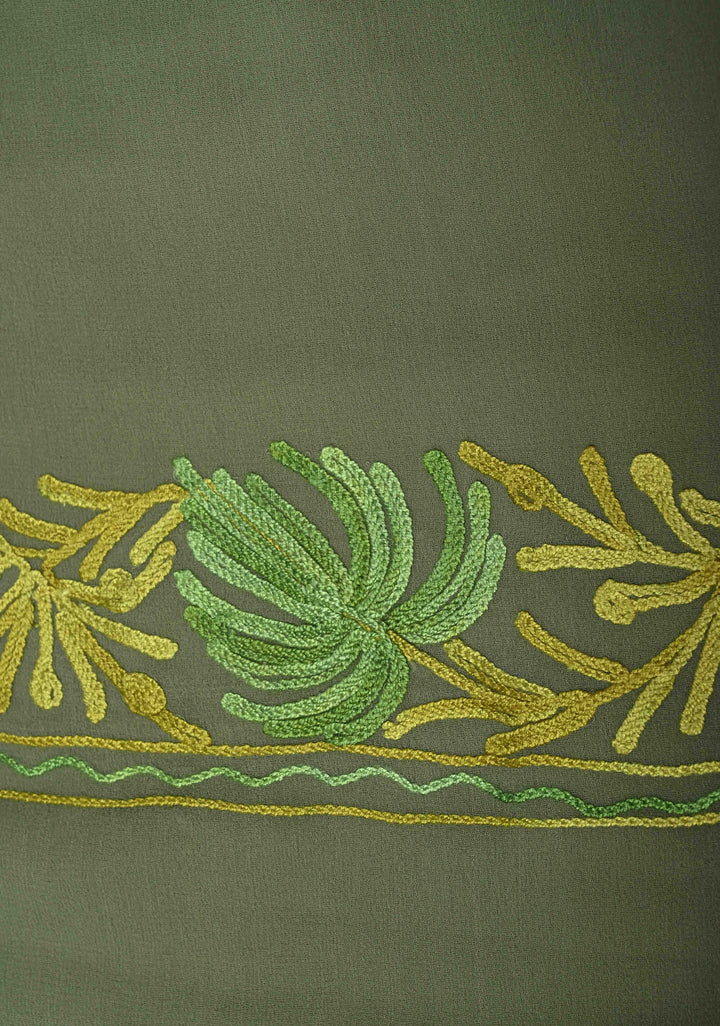 Cactus Green Kashmiri Aari Georgette Saree with Floral Embroidery