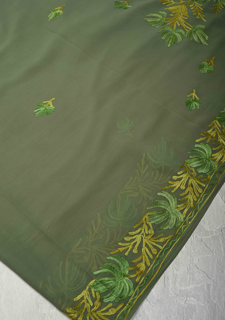 Cactus Green Kashmiri Aari Georgette Saree with Floral Embroidery