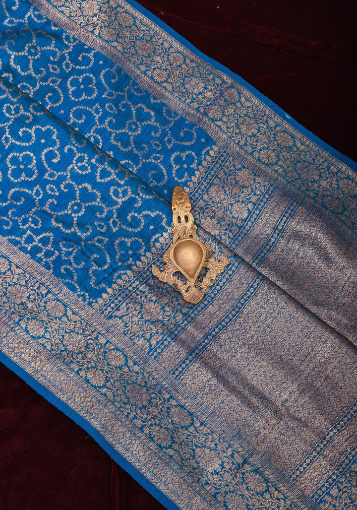 Authentic Banarasi Trellis pattern Pure Dupion Silk saree in Blue with Antique zari detailing | SILK MARK CERTIFIED
