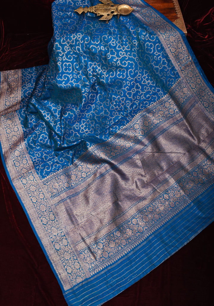 Authentic Banarasi Trellis pattern Pure Dupion Silk saree in Blue with Antique zari detailing | SILK MARK CERTIFIED