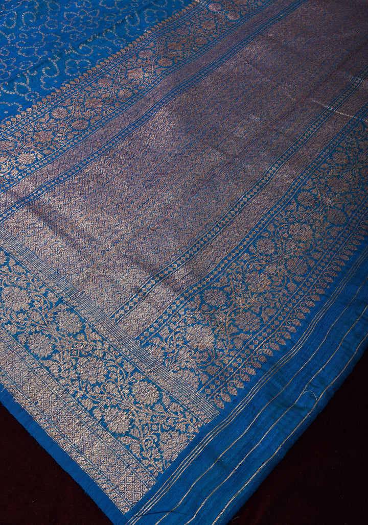 Authentic Banarasi Trellis pattern Pure Dupion Silk saree in Blue with Antique zari detailing | SILK MARK CERTIFIED