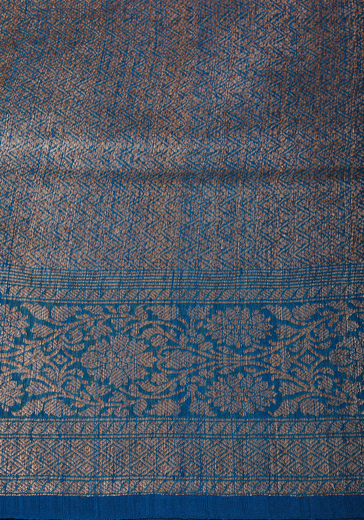 Authentic Banarasi Trellis pattern Pure Dupion Silk saree in Blue with Antique zari detailing | SILK MARK CERTIFIED