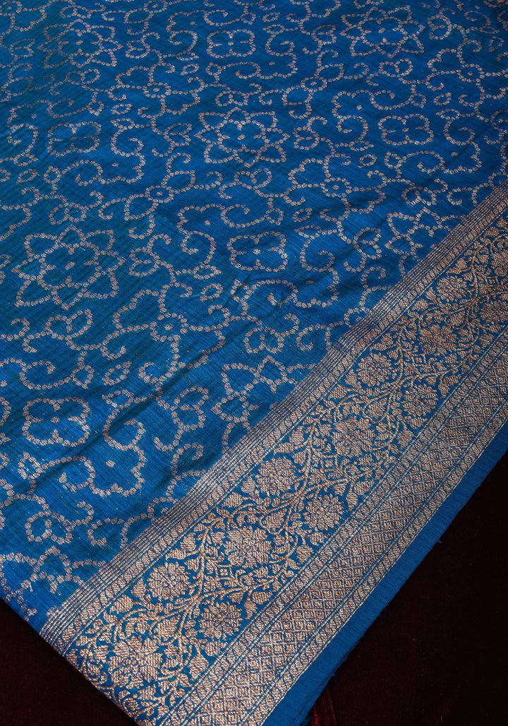 Authentic Banarasi Trellis pattern Pure Dupion Silk saree in Blue with Antique zari detailing | SILK MARK CERTIFIED