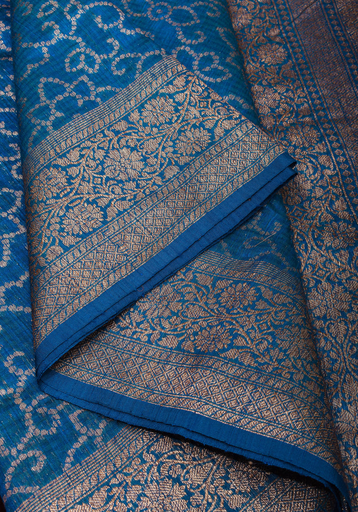 Authentic Banarasi Trellis pattern Pure Dupion Silk saree in Blue with Antique zari detailing | SILK MARK CERTIFIED
