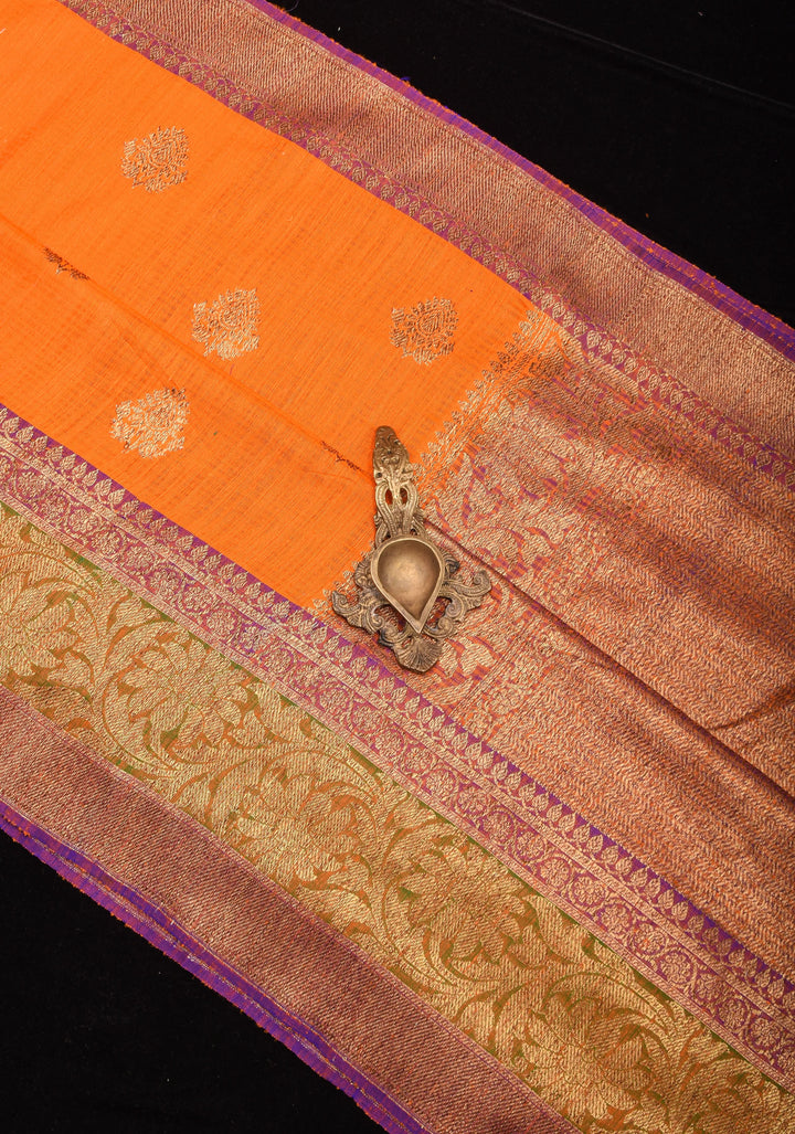 Dupion Banarasi Silk Saree in Orange  and Two Tone Border | SILK MARK CERTIFIED