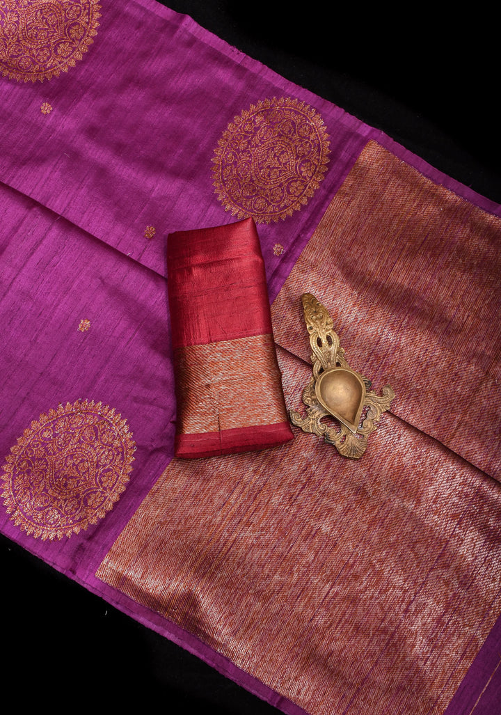 Purple Pure Banarasi Raw Silk Saree with Antique zari Mandala Motifs and Contrast Blouse | SILK MARK CERTIFIED