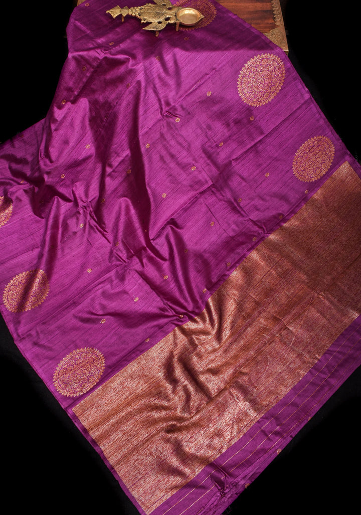 Purple Pure Banarasi Raw Silk Saree with Antique zari Mandala Motifs and Contrast Blouse | SILK MARK CERTIFIED