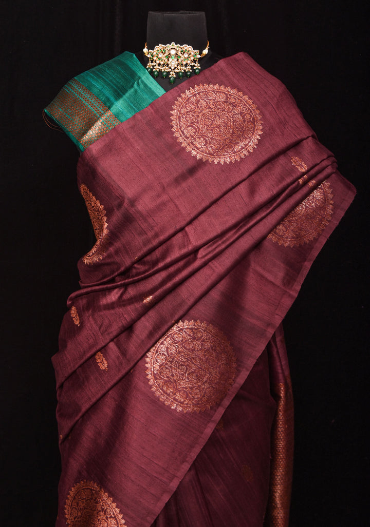 Deep Maroon Brown Pure Banarasi Raw Silk Saree with Antique Zari Mandala Motifs and Contrast Blouse | SILK MARK CERTIFIED