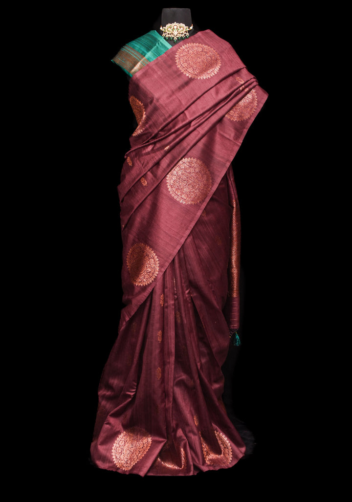 Deep Maroon Brown Pure Banarasi Raw Silk Saree with Antique Zari Mandala Motifs and Contrast Blouse | SILK MARK CERTIFIED
