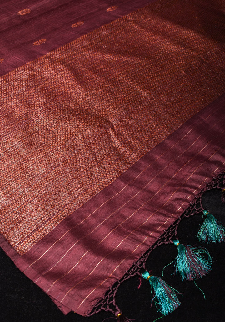 Deep Maroon Brown Pure Banarasi Raw Silk Saree with Antique Zari Mandala Motifs and Contrast Blouse | SILK MARK CERTIFIED