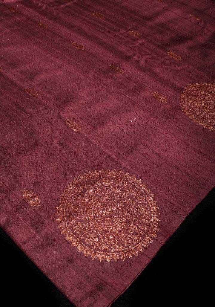 Deep Maroon Brown Pure Banarasi Raw Silk Saree with Antique Zari Mandala Motifs and Contrast Blouse | SILK MARK CERTIFIED