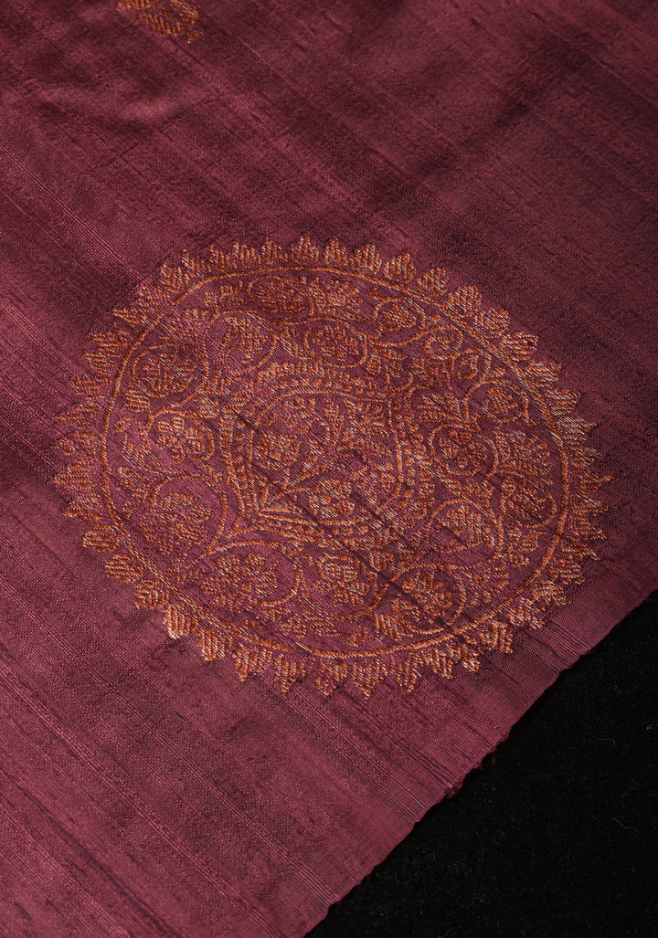 Deep Maroon Brown Pure Banarasi Raw Silk Saree with Antique Zari Mandala Motifs and Contrast Blouse | SILK MARK CERTIFIED