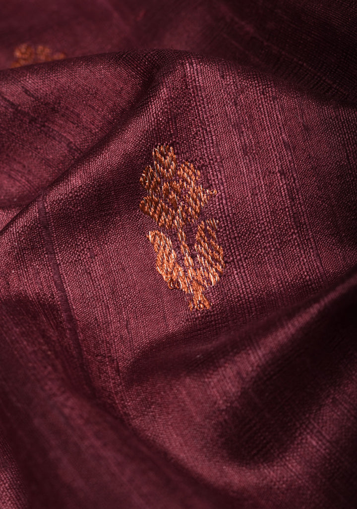 Deep Maroon Brown Pure Banarasi Raw Silk Saree with Antique Zari Mandala Motifs and Contrast Blouse | SILK MARK CERTIFIED