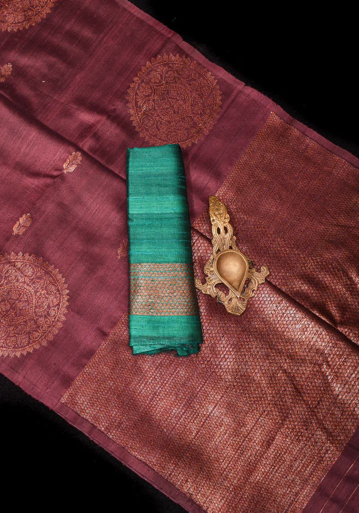 Deep Maroon Brown Pure Banarasi Raw Silk Saree with Antique Zari Mandala Motifs and Contrast Blouse | SILK MARK CERTIFIED