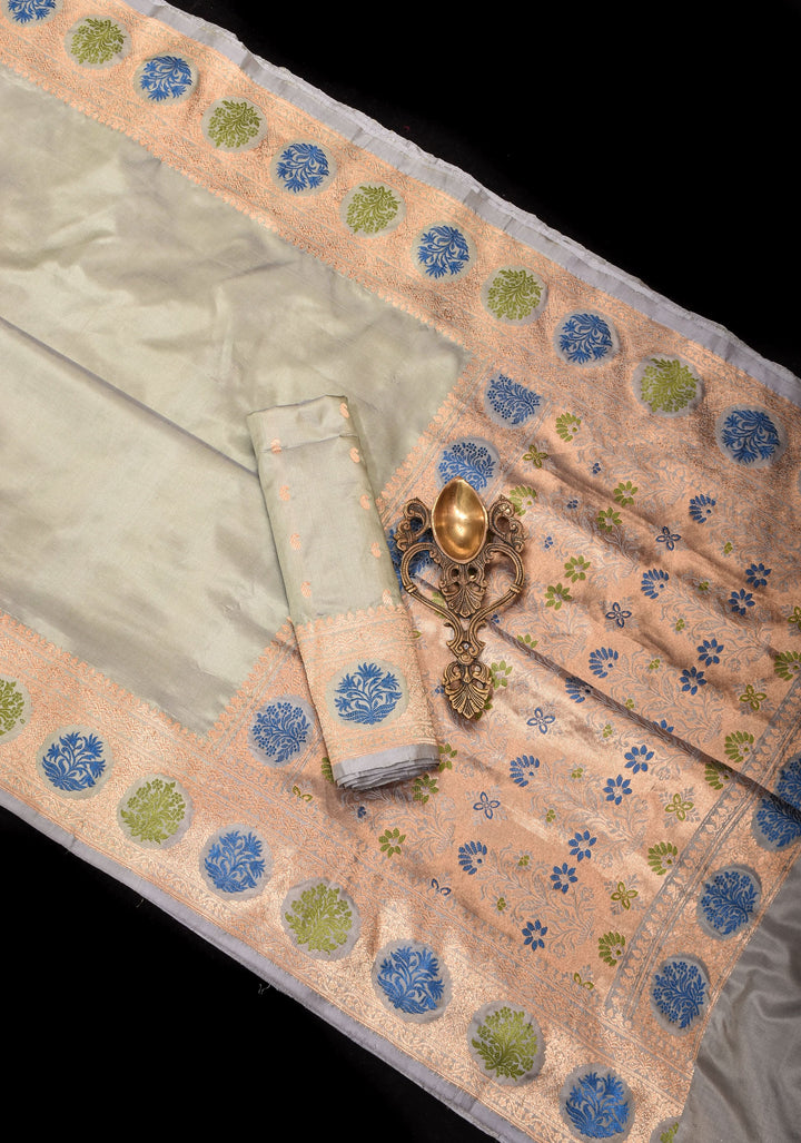 Dewy Green Banarasi Katan Silk Saree with Meenakari Floral border and Pallu | SILK MARK CERTIFIED