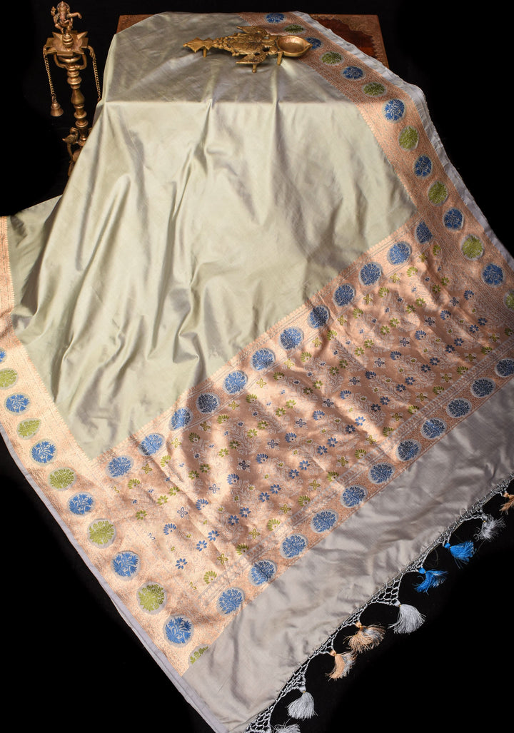 Dewy Green Banarasi Katan Silk Saree with Meenakari Floral border and Pallu | SILK MARK CERTIFIED