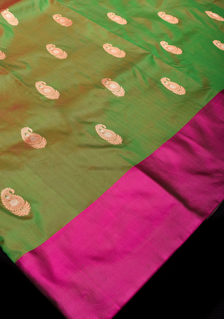 Green-red Dual Tone Banarasi Katan Silk Lightweight Saree with Alfi Paisley Buttas and Self Border| SILK MARK CERTIFIED