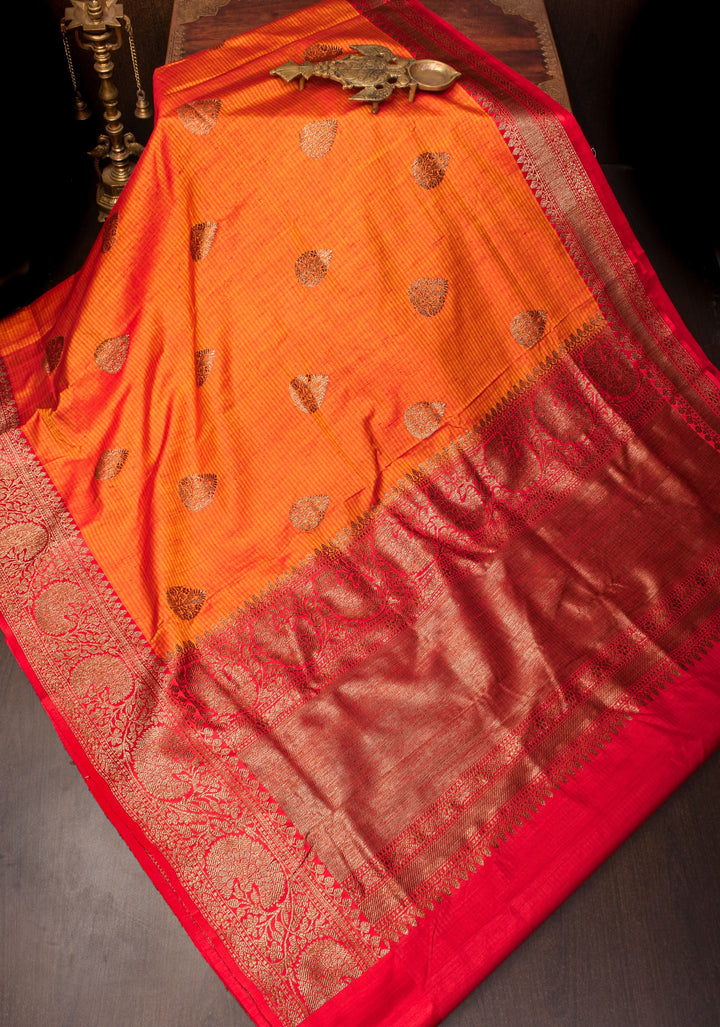 Mustard Red Dupion Banarasi Silk Saree with Antique Zari and Red Borders, SILK MARK CERTIFIED