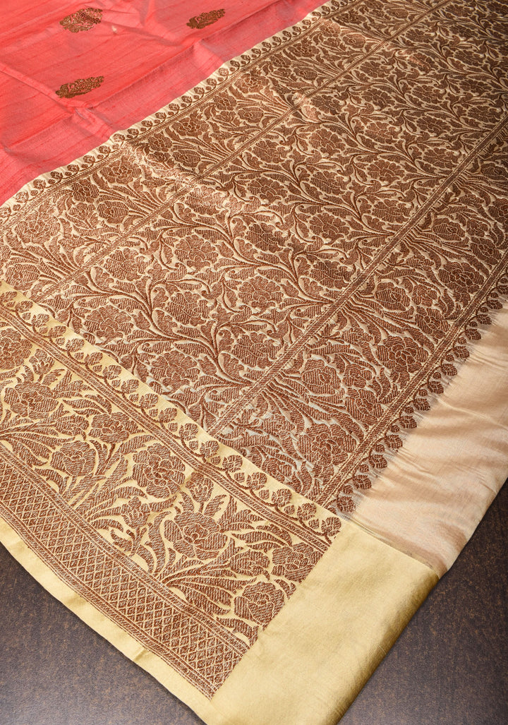 Pure Tussar Silk Banarasi Saree with Antique Zari Kadhuwa Weaving in Pale Red | SILK MARK CERTIFIED