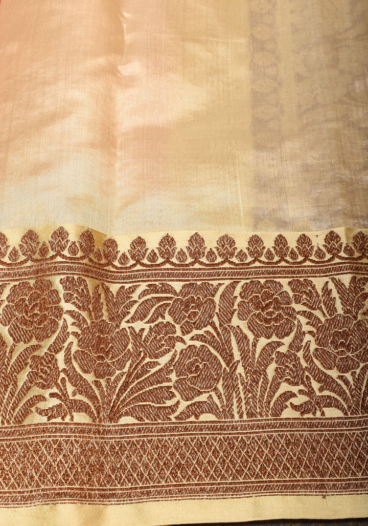 Pure Tussar Silk Banarasi Saree with Antique Zari Kadhuwa Weaving in Pale Red | SILK MARK CERTIFIED