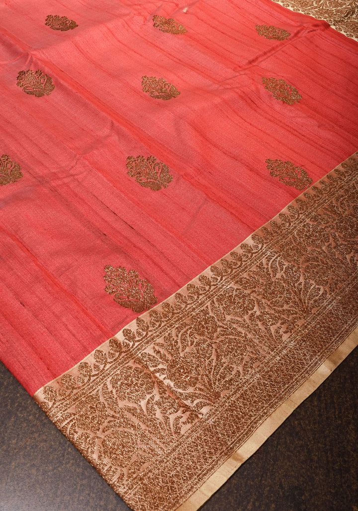 Pure Tussar Silk Banarasi Saree with Antique Zari Kadhuwa Weaving in Pale Red | SILK MARK CERTIFIED