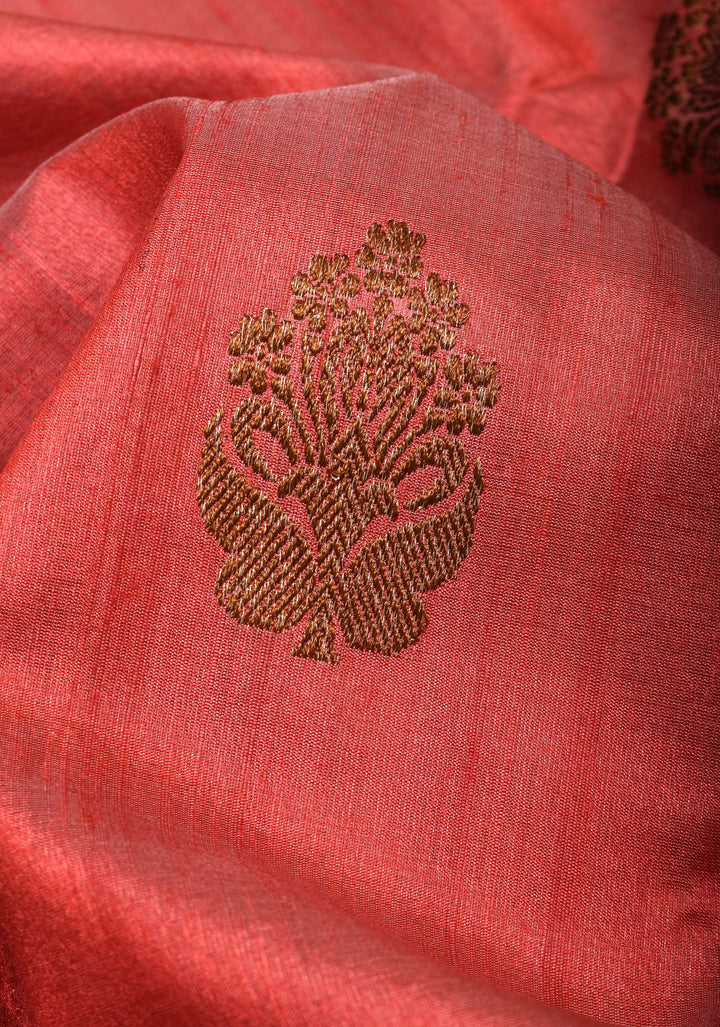 Pure Tussar Silk Banarasi Saree with Antique Zari Kadhuwa Weaving in Pale Red | SILK MARK CERTIFIED
