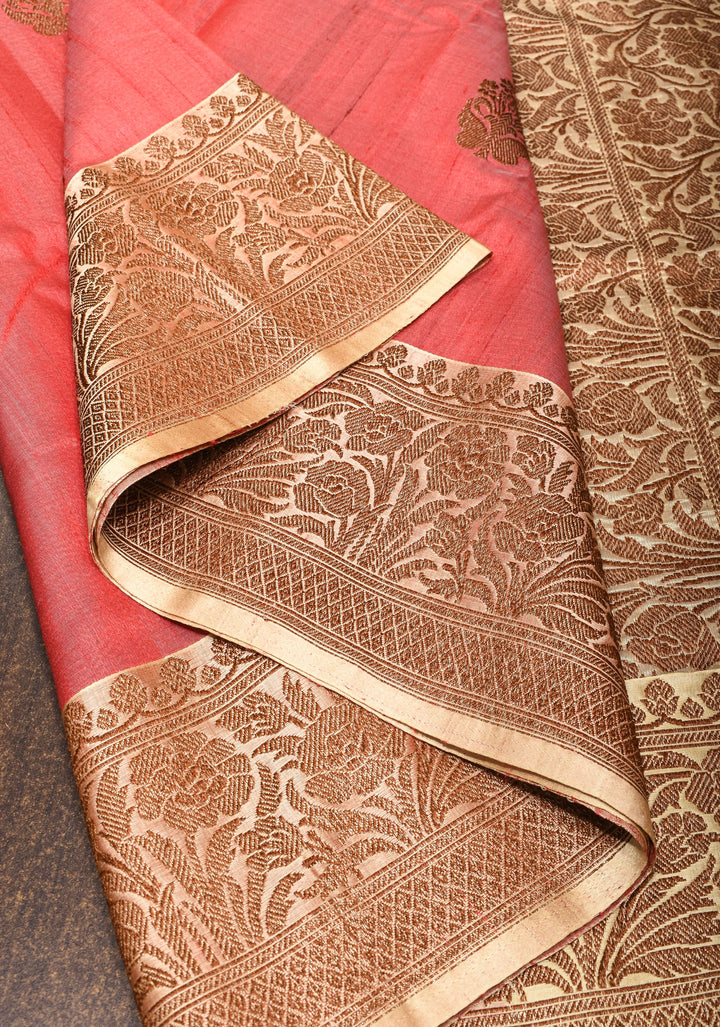 Pure Tussar Silk Banarasi Saree with Antique Zari Kadhuwa Weaving in Pale Red | SILK MARK CERTIFIED