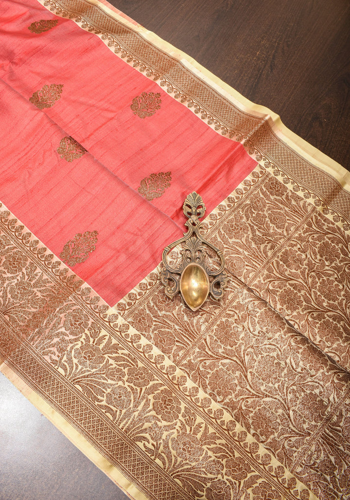 Pure Tussar Silk Banarasi Saree with Antique Zari Kadhuwa Weaving in Pale Red | SILK MARK CERTIFIED