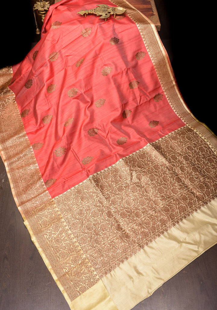 Pure Tussar Silk Banarasi Saree with Antique Zari Kadhuwa Weaving in Pale Red | SILK MARK CERTIFIED
