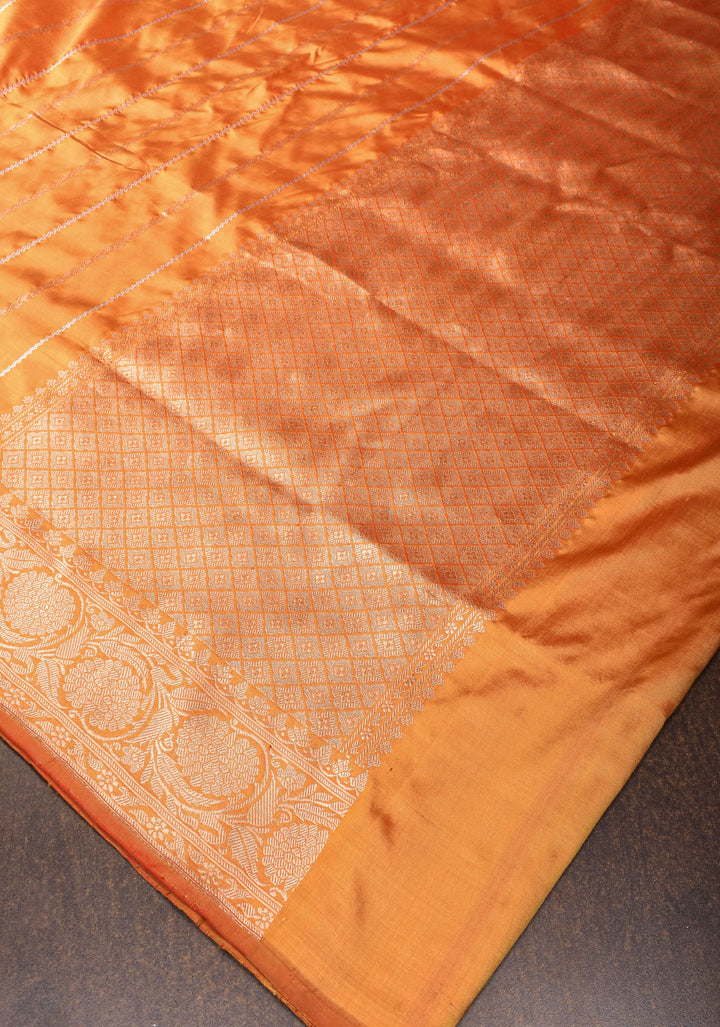 Banarasi Katan Silk Saree with Sona Rupa Vertical stripes and Borders on Frost Mustard | SILK MARK CERTIFIED