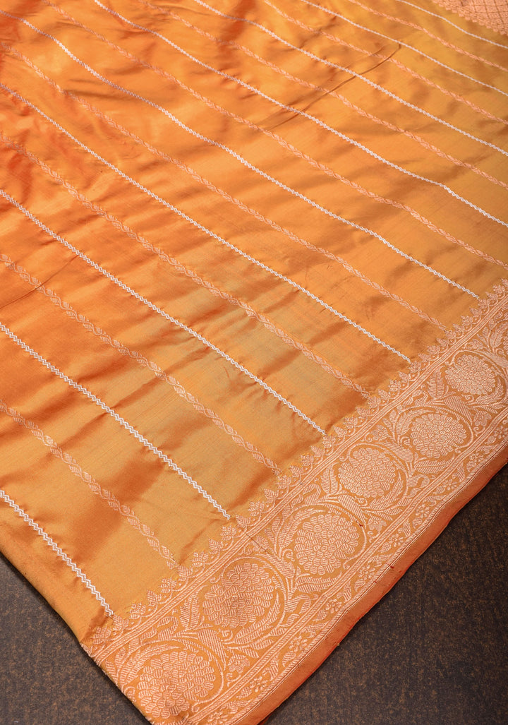 Banarasi Katan Silk Saree with Sona Rupa Vertical stripes and Borders on Frost Mustard | SILK MARK CERTIFIED