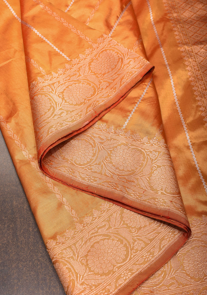 Banarasi Katan Silk Saree with Sona Rupa Vertical stripes and Borders on Frost Mustard | SILK MARK CERTIFIED