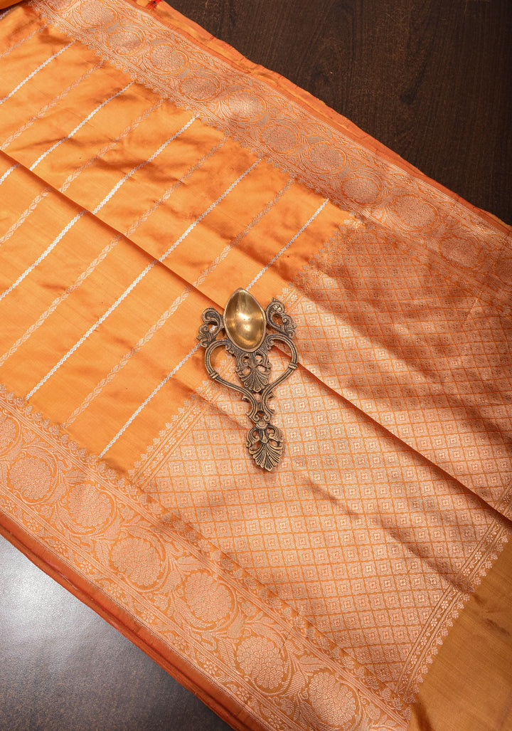 Banarasi Katan Silk Saree with Sona Rupa Vertical stripes and Borders on Frost Mustard | SILK MARK CERTIFIED