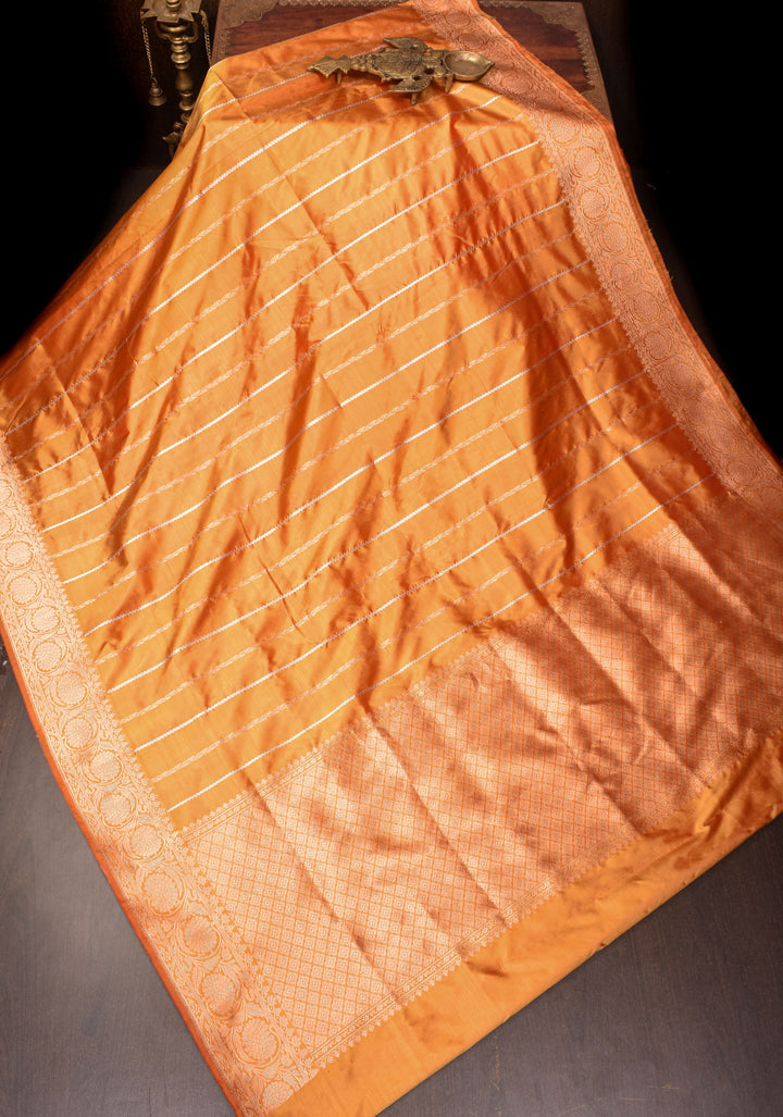 Banarasi Katan Silk Saree with Sona Rupa Vertical stripes and Borders on Frost Mustard | SILK MARK CERTIFIED