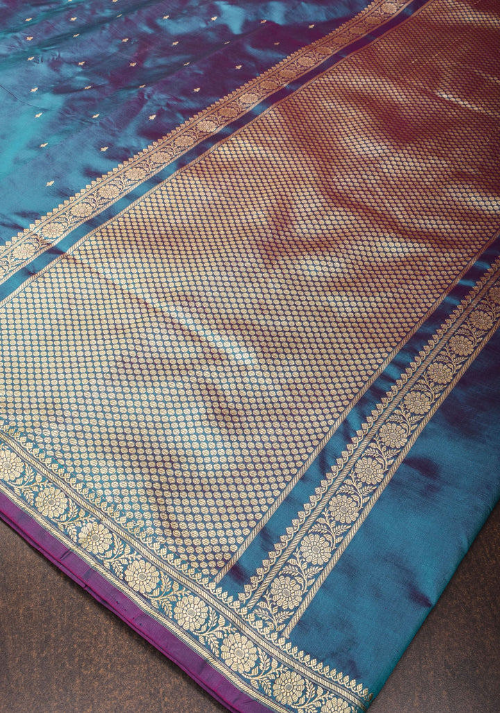 Lightweight Banarasi Silk Sarees with Minimalistic Resham Border in Blue Dual-tone with resham zari   | SILK MARK CERTIFIED