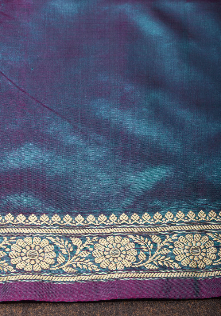 Lightweight Banarasi Silk Sarees with Minimalistic Resham Border in Blue Dual-tone with resham zari   | SILK MARK CERTIFIED