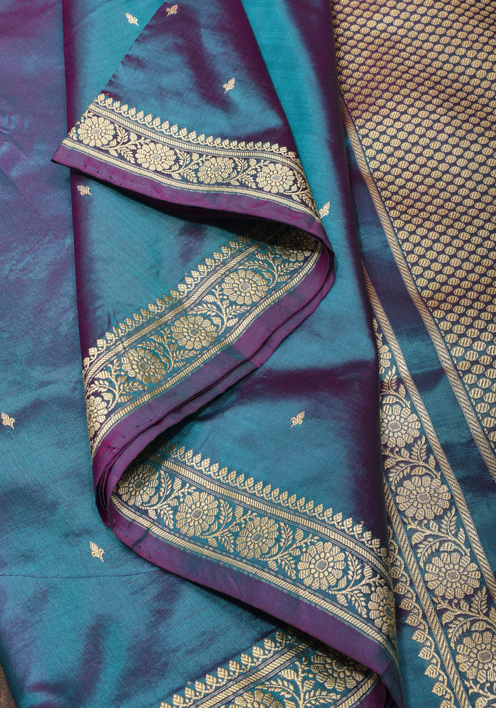 Lightweight Banarasi Silk Sarees with Minimalistic Resham Border in Blue Dual-tone with resham zari   | SILK MARK CERTIFIED