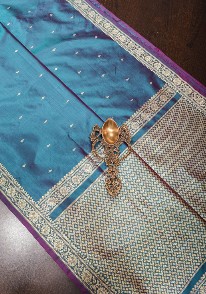 Lightweight Banarasi Silk Sarees with Minimalistic Resham Border in Blue Dual-tone with resham zari   | SILK MARK CERTIFIED