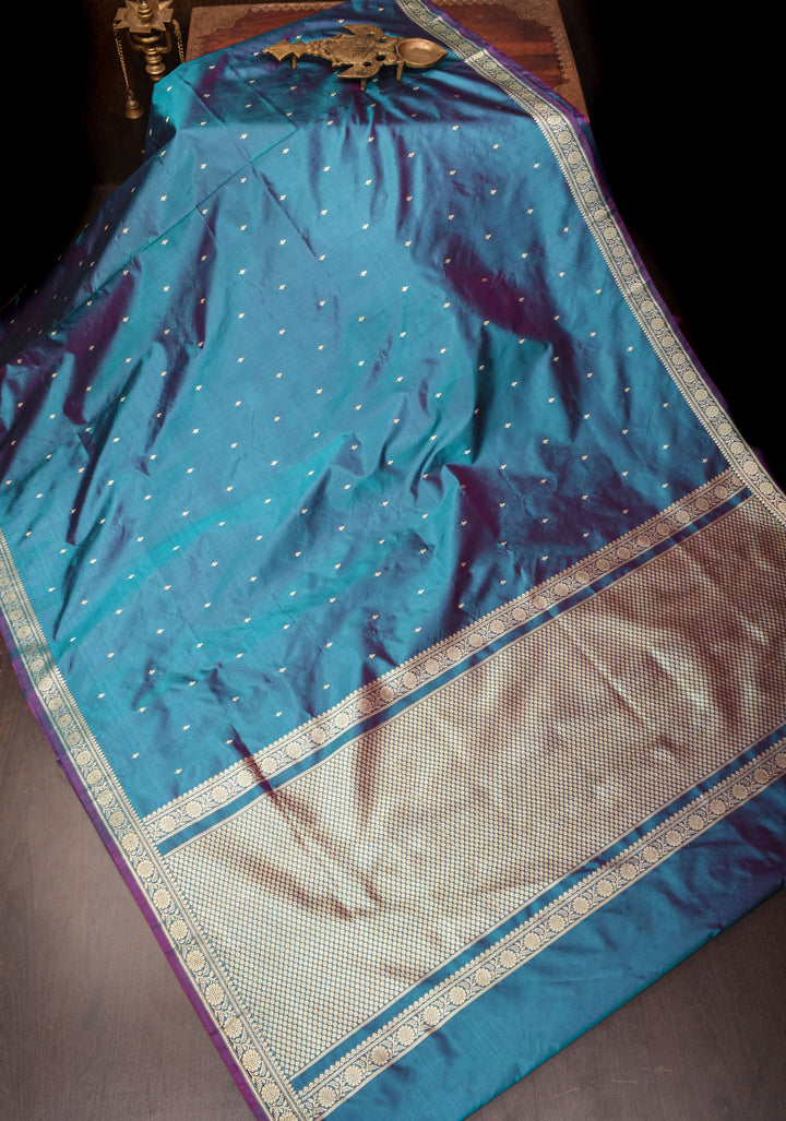 Lightweight Banarasi Silk Sarees with Minimalistic Resham Border in Blue Dual-tone with resham zari   | SILK MARK CERTIFIED