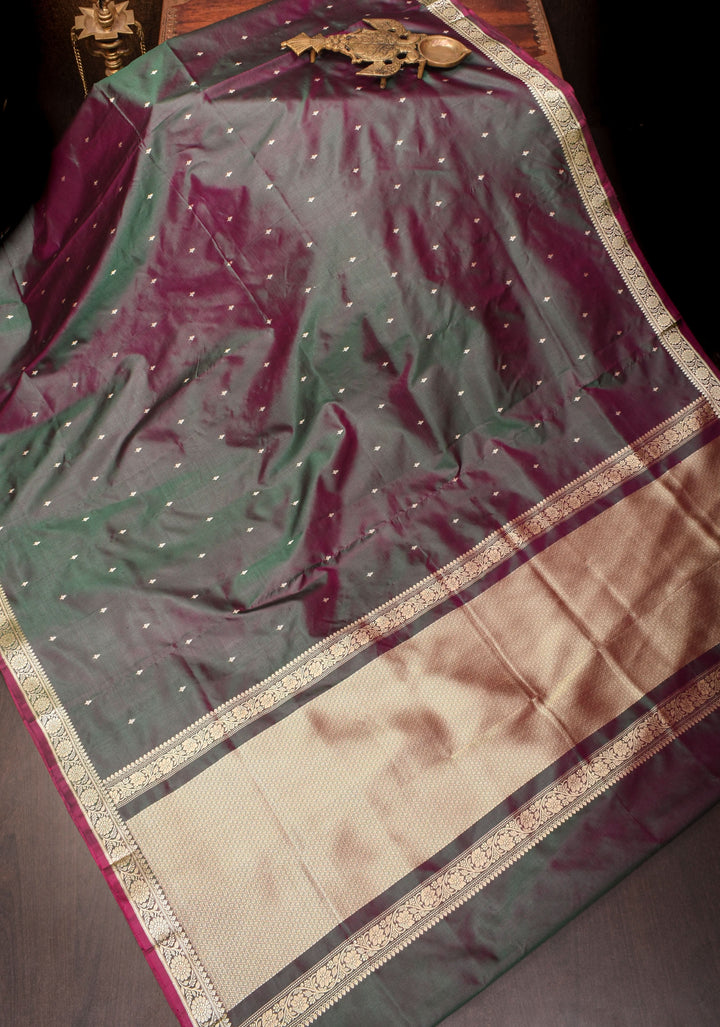 Lightweight Banarasi Silk Sarees with Resham Border in Purple Green