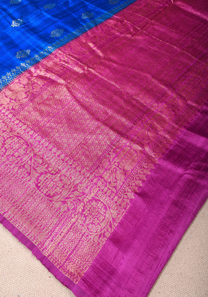 Raw Silk Saree in Cobalt Blue with Antique Zari Buttas and Pink Contrast | SILK MARK CERTIFIED