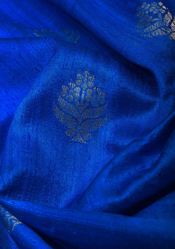 Raw Silk Saree in Cobalt Blue with Antique Zari Buttas and Pink Contrast | SILK MARK CERTIFIED