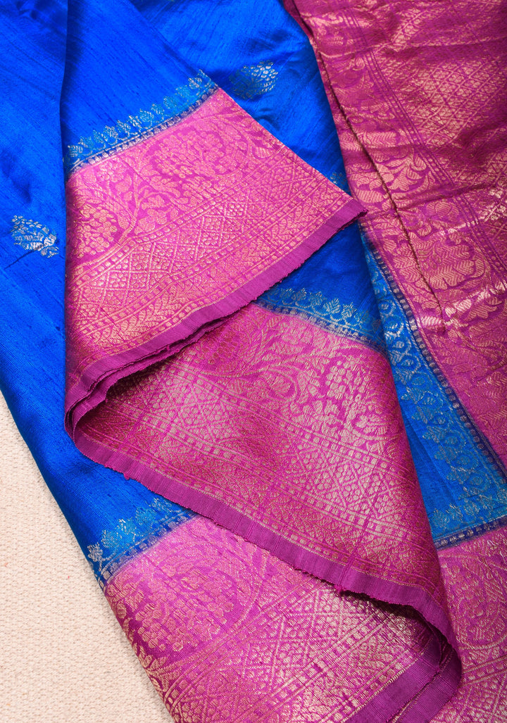 Raw Silk Saree in Cobalt Blue with Antique Zari Buttas and Pink Contrast | SILK MARK CERTIFIED