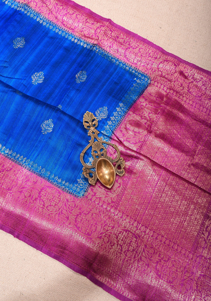 Raw Silk Saree in Cobalt Blue with Antique Zari Buttas and Pink Contrast | SILK MARK CERTIFIED