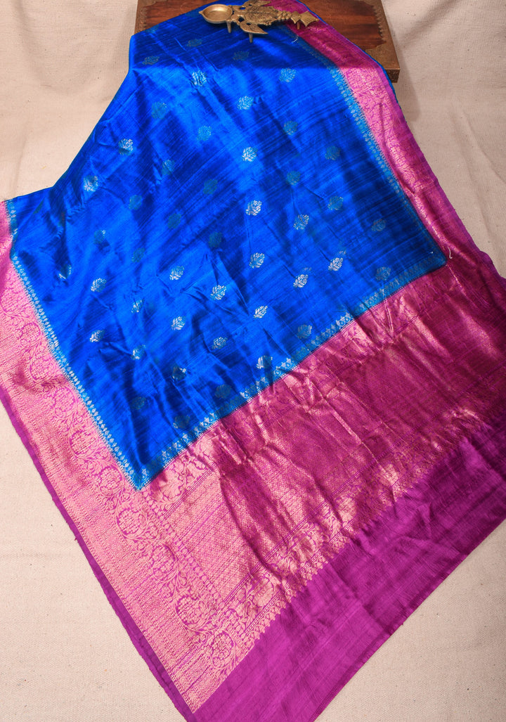 Raw Silk Saree in Cobalt Blue with Antique Zari Buttas and Pink Contrast | SILK MARK CERTIFIED