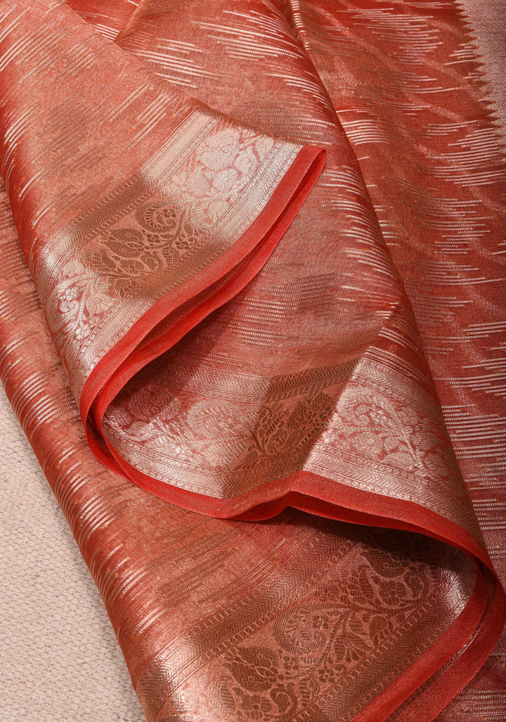 Coral Red Banarasi Tissue Silk Saree with Zari Patterns and Border  | SILK MARK CERTIFIED
