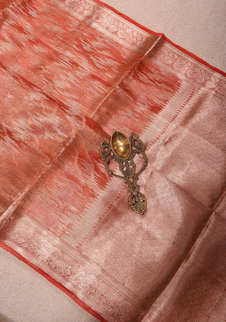 Coral Red Banarasi Tissue Silk Saree with Zari Patterns and Border  | SILK MARK CERTIFIED