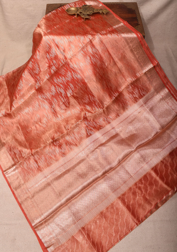 Coral Red Banarasi Tissue Silk Saree with Zari Patterns and Border  | SILK MARK CERTIFIED